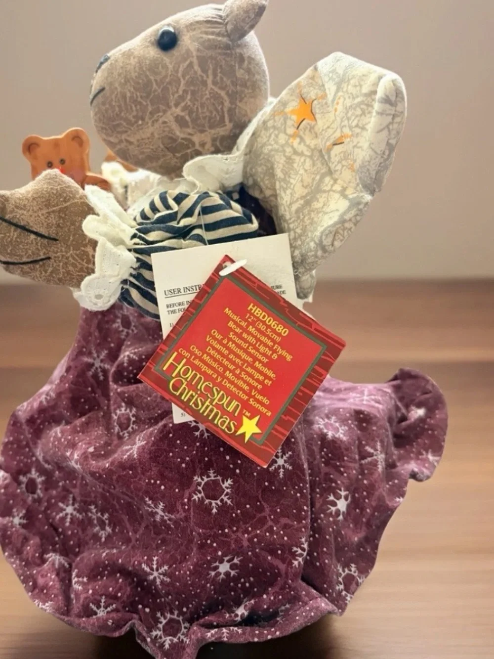 HOMESPUN CHRISTMAS Animated Tree Topper Angel Bear Moves Music Light Sensors NEW